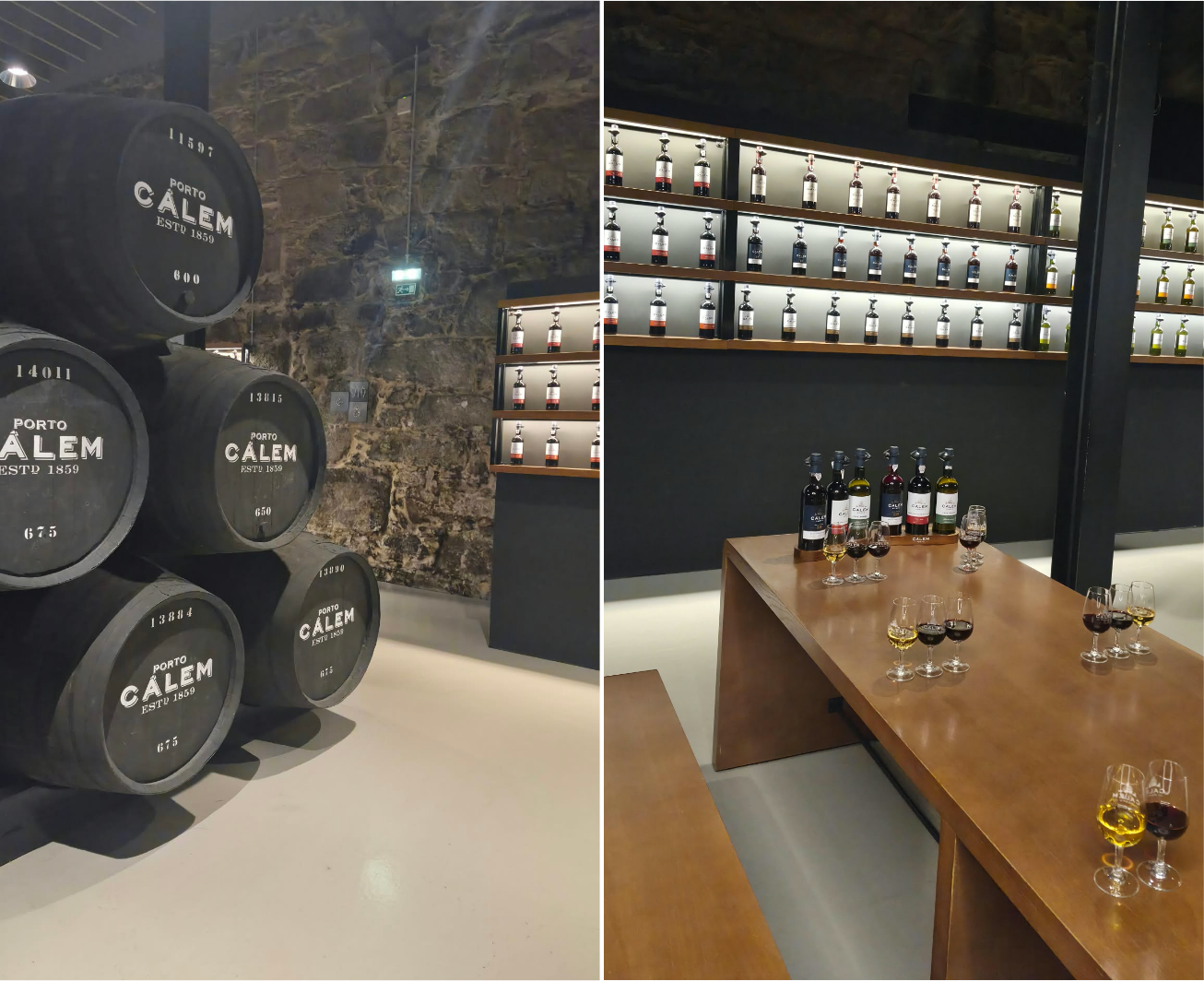 Barris e sala de degustação numa cave de vinho do Porto