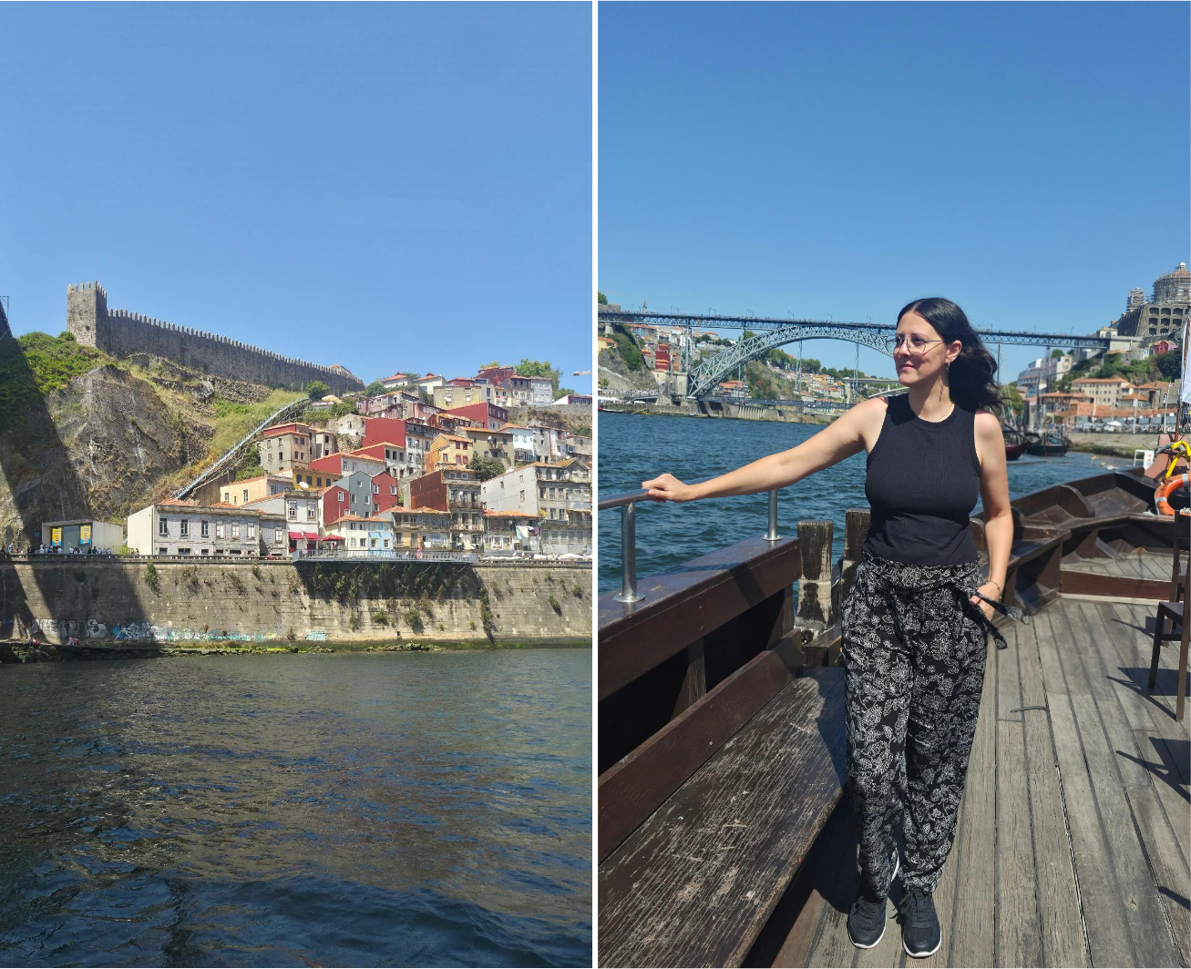Muralha e casario da Ribeira do Porto vistos do barco, e Thais Ribeiro a bordo com a Ponte Luís I ao fundo